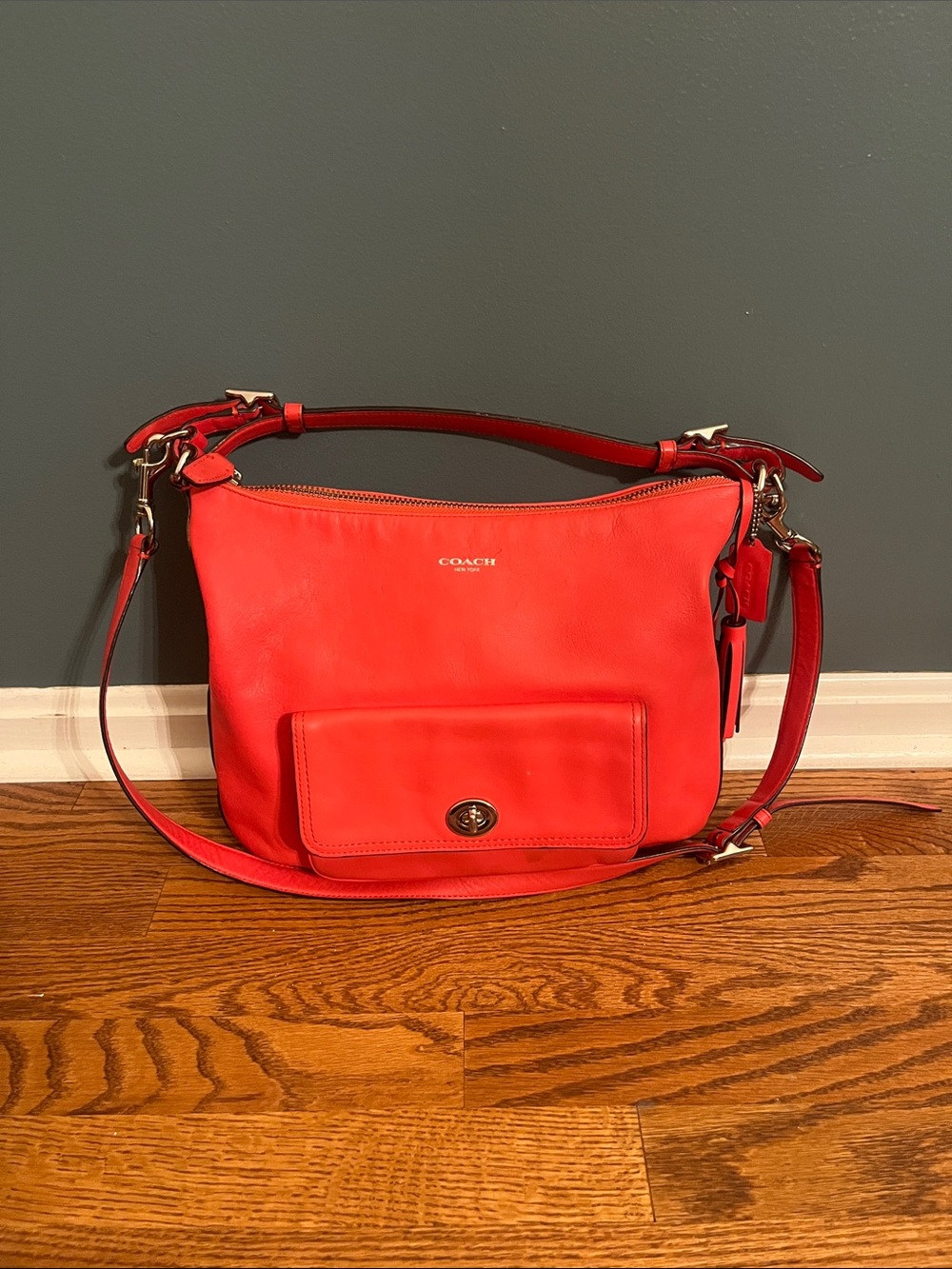COACH #22381 Courtney Legacy CORAL RED Leather Hobo Crossbody Handbag